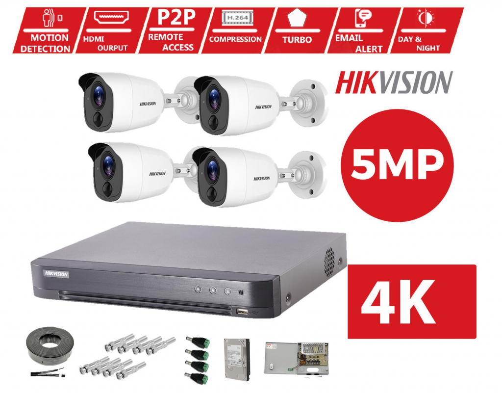 Kit Supraveghere Camere Alarma Vizuala Cu Lumina Alba Mp Hikvision