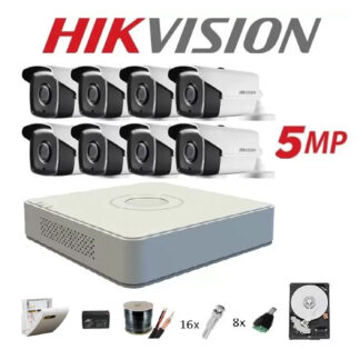 Kit supraveghere Hikvision - Kit complet 8 camere supraveghere exterior 5MP TURBOHD HIKVISION 40 m IR, accesorii+hard 2TB