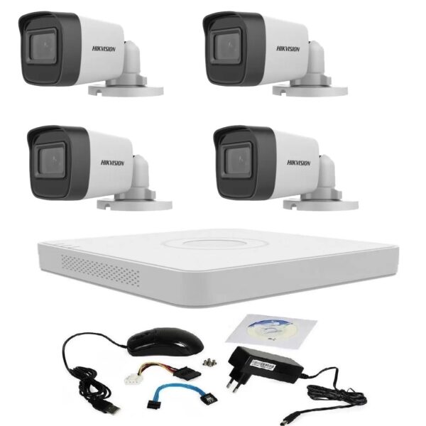 Kit supraveghere video 5 MP Hikvision Turbo HD cu 4 camere si cadou cablu HDMI, vizualizare pe telefon mobil [1]