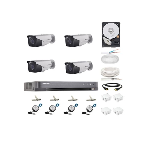 Kit complet 4 camere supraveghere full hd 80m IR Hikvision cu surse alimentare Pulsar cablu 100m si HDD 2TB [1]