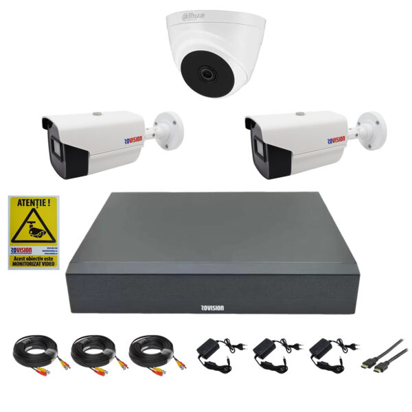 Sistem supraveghere video mixt 3 camere, 2 exterior 2 MP 1080P FULL HD IR40m, 1 camera interior 2MP IR20m, DVR 4 canale, full accesorii [1]