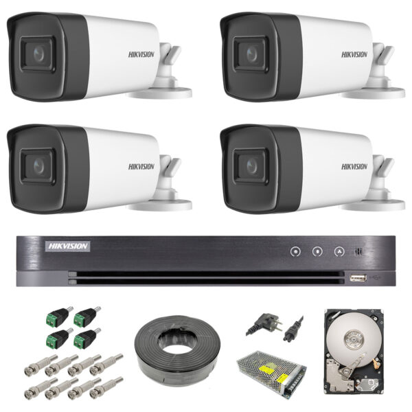 Sistem supraveghere video exterior complet Hikvision 4 camere Turbo HD 5 MP 80 m IR cu toate accesoriile, cadou HDD 1tb [1]