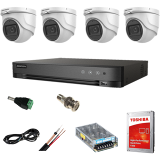 Kit supraveghere Hikvision - Sistem supraveghere video interior complet Hikvision 4 camere Turbo HD 5 MP 20 m IR accesorii incluse, cadou HDD 1tb