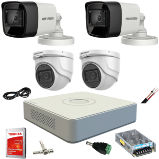 Sistem supraveghere mixt complet Hikvision 4 camere Turbo HD 5 MP 20 m IR si 80 ir DVR 4 canale cu toate accesoriile CADOU HDD 1TB