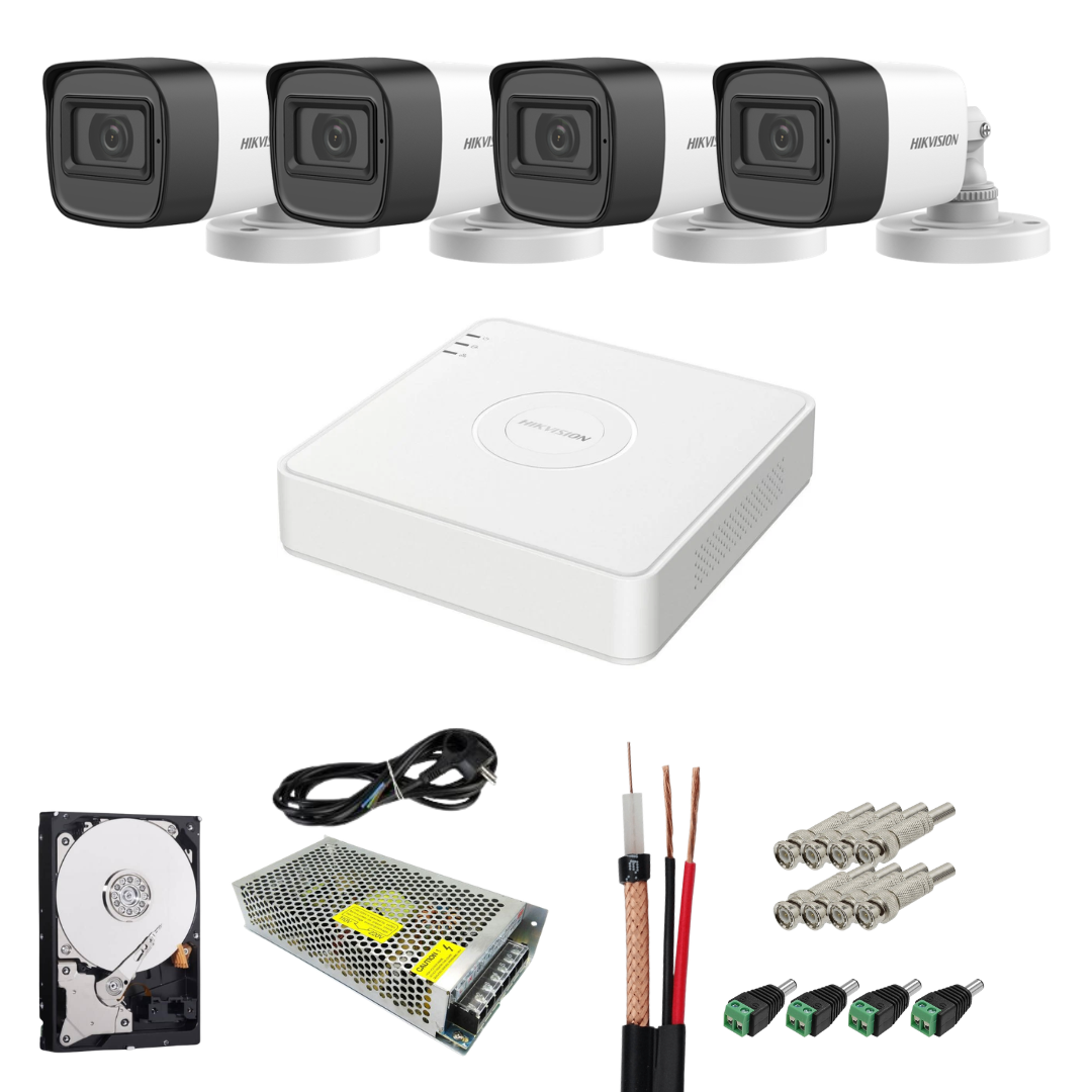 Kit complet 4 camere supraveghere exterior 5MP TurboHD Hikvision IR 20M DVR 4 Canale sursa alimentare accesorii + hard 1TB