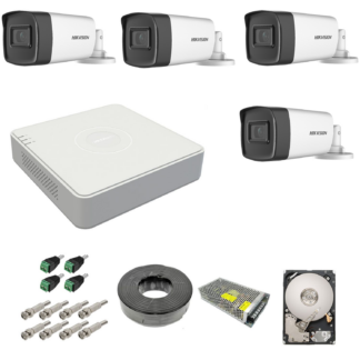 Kit complet 4 camere supraveghere exterior 5MP TurboHD Hikvision IR 40M DVR 4 canale sursa alimentare accesorii  hard 1TB