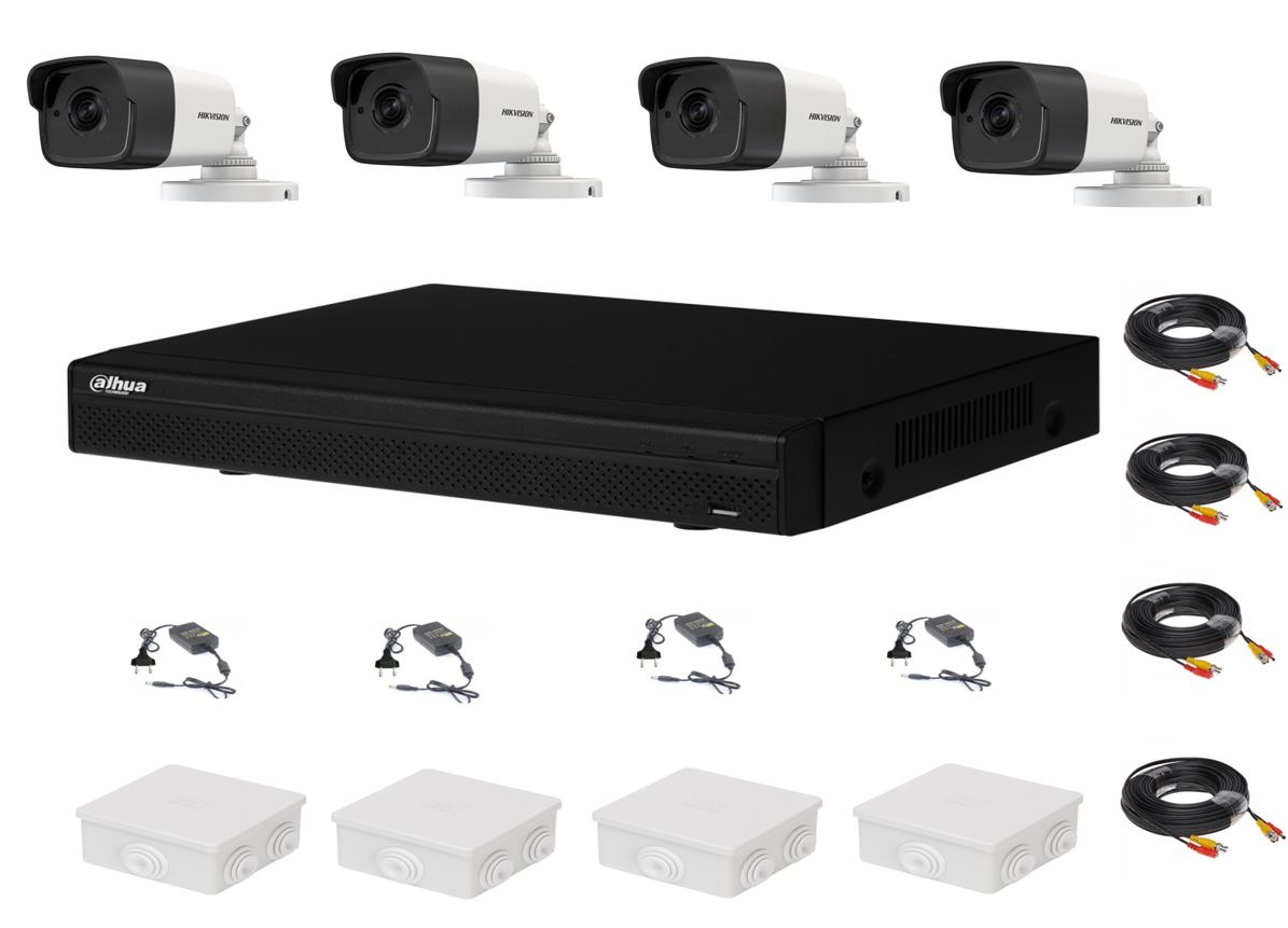 Sistem supraveghere complet 4 camere Hikvision 2MP IR 40m, DVR Dahua Pentabrid FULL HD, accesorii