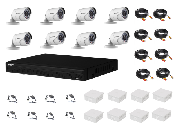 Sistem supraveghere complet 8 camere Hikvision 2MP IR 20m, DVR Dahua Pentabrid FULL HD, accesorii [1]