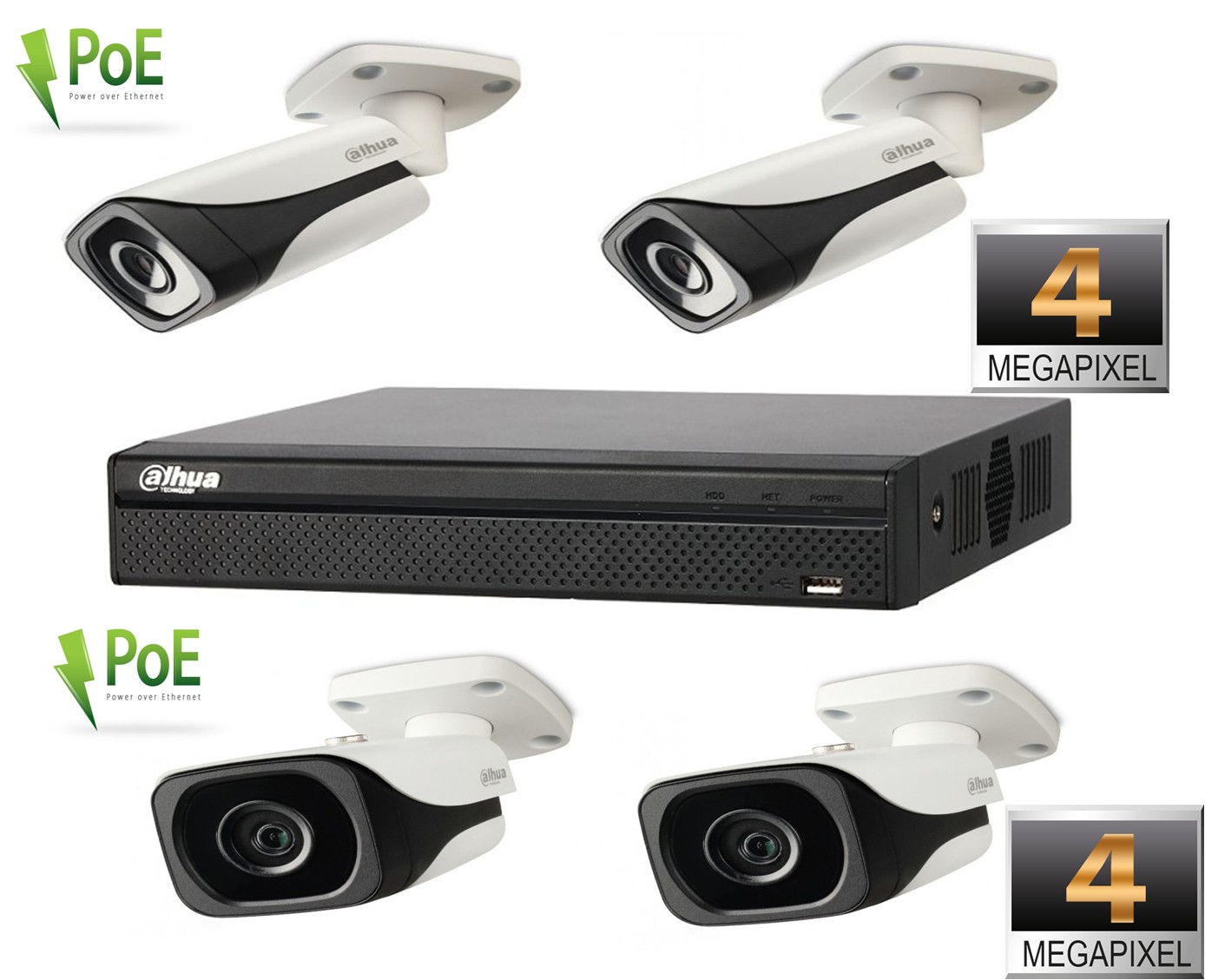 Kit profesional de video POE cu camere IP Dahua rezolutie 4MP IR 30m, NVR Dahua 4 canale 6MP - Rovision - Camere Supraveghere, Sisteme Alarma, Video Interfoane