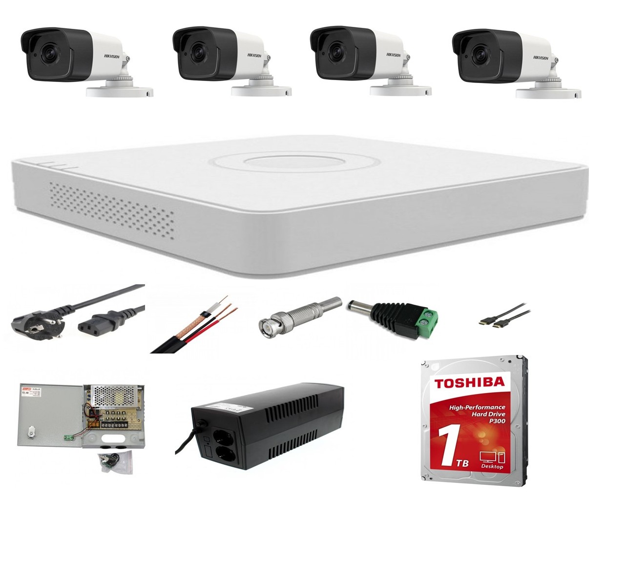 Sistem supraveghere profesional mixt 4 camere Hikvision 2 camere 5MP IR80m si 2 camere 2MP IR 40m, DVR 4 canale+ full accesorii