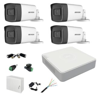 Kit Supraveghere - Kit complet profesional 4 camere supraveghere exterior 5MP TurboHD Hikvision IR 40m DVR 4 canale accesorii incluse