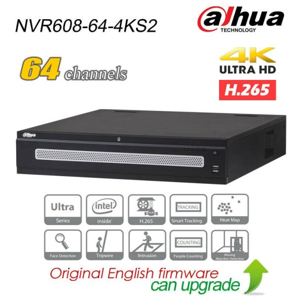 NVR 64 canale IP Dahua NVR608-64-4KS2 12MP, H.265, 8xSATA, 2xHDMI, ANR, RAID, functii inteligente