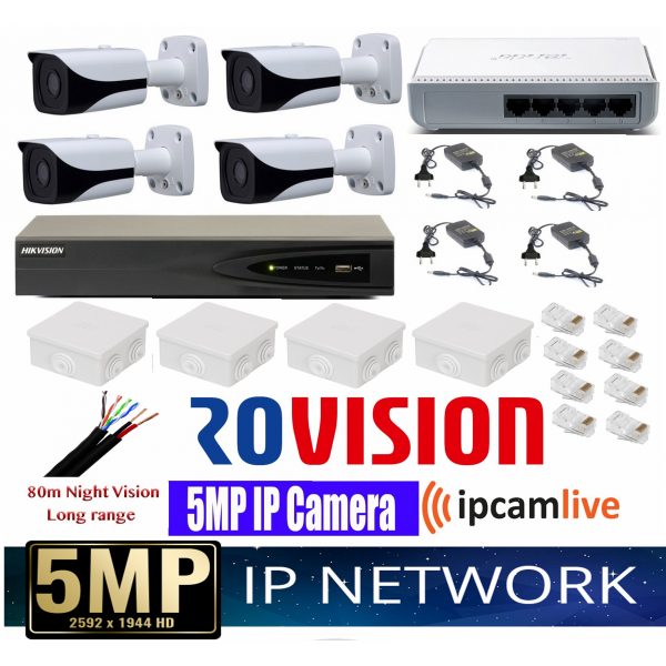 Sistem supraveghere video profesional 4 camere IP Rovision 5MP cu IR 80m cu NVR 4 canale Hikvision, full accesorii [1]