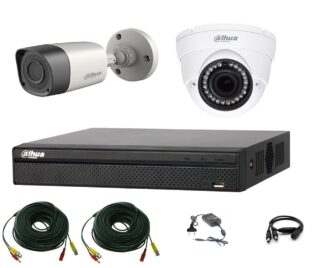 Sistem supraveghere video profesional Dahua HDCVI mixt, 2 camere 2MP IR Smart 20m cu DVR DAHUA 4 canale, accesori, live internet