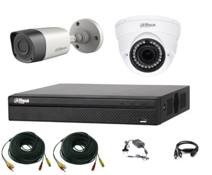Sistem supraveghere video profesional Dahua HDCVI mixt, 2 camere 2MP IR Smart 20m cu DVR DAHUA 4 canale, accesorii, live internet [1]