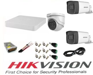 Sistem supraveghere video profesional Hikvision 3 camere 5MP 2 exterior Turbo HD IR 40 M si 1 interior IR 20m DVR 4 canale cu full accesorii