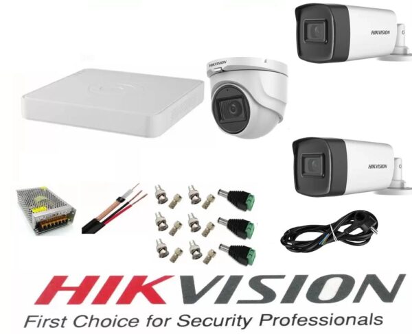 Sistem supraveghere video profesional Hikvision 3 camere 5MP, 2 exterior Turbo HD IR 40 M si 1 interior IR 20m cu full accesorii [1]
