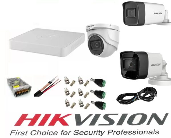 Sistem supraveghere video Hikvision 3 camere 5MP, 2 exterior Turbo HD IR 80 M si IR 40 M si  1 interior IR 20m cu full accesorii [1]