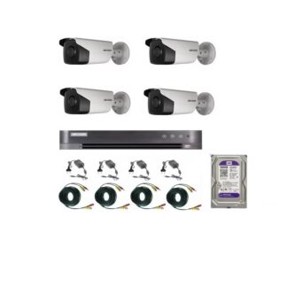 Sistem supraveghere video Hikvision 4 camere 2MP Turbo HD, IR80m si IR40m, DVR Hikvision, HARD 500GB, full accesorii