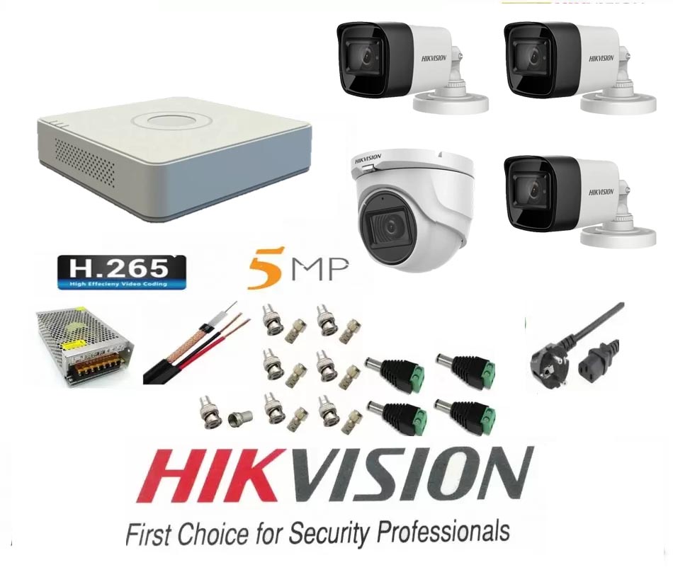 Monarchy article go Sistem supraveghere video Hikvision 4 camere 5MP, 3 exterior Turbo HD IR 80  M 1 interior IR 20m cu full accesorii - Rovision
