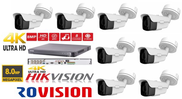 Sistem De Supraveghere Video Tehnologie 4k Cu 8 Camere Rovision De 8mp 60m Ir Lentila Sony Starvis Zoom Motorizat Dvr Hikvision Rovision