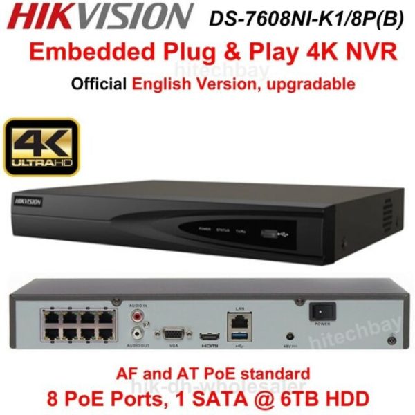 NVR 8 canale 8 MP  rezolutie 4K Ultra HD , compresie H.265+, 8 x PoE, Hikvision DS-7608NI-K1/8P  Onvif [1]