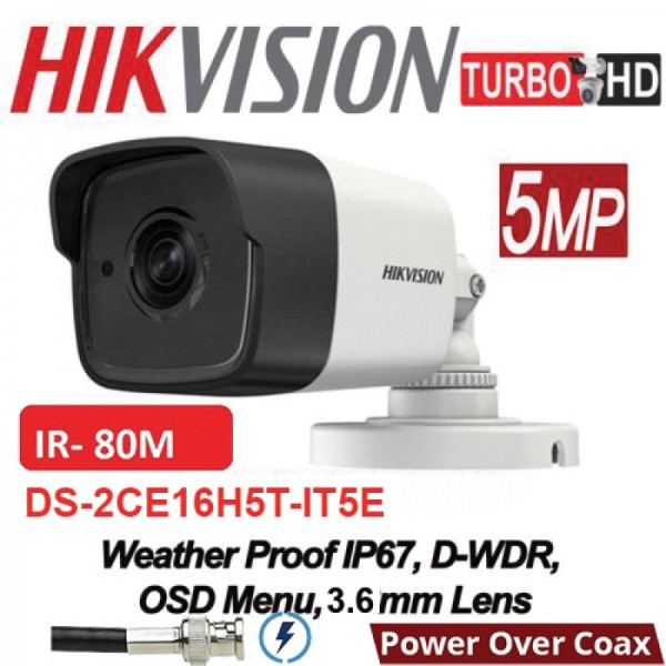 Camera supraveghere exterior video Turbo HD Ultra HD 5 Megapixeli, IR 80 metri, PoC, lentila 3.6mm, DS-2CE16H0T-IT5E [1]