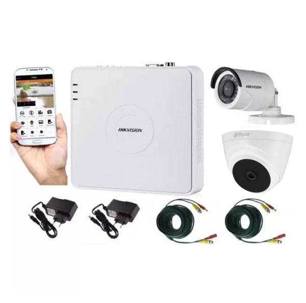 Sistem supraveghere video mixt 2 camere, 1 Hikvision exterior IR20m si 1 interior Dahua IR20m, accesorii incluse [1]