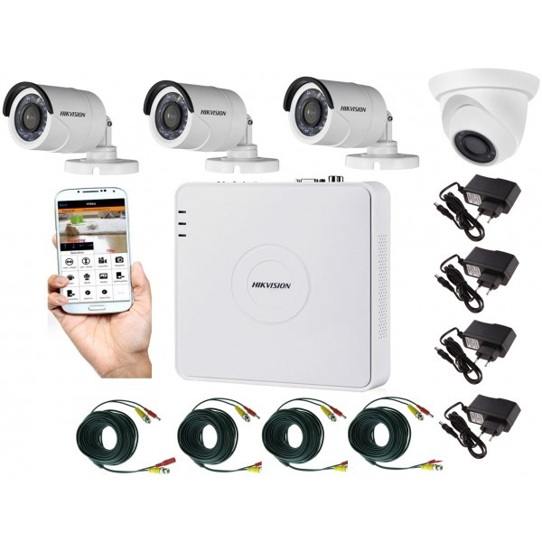 Kit supraveghere video mixt 4 camere, 3 Hikvision exterior IR20m si 1 interior Rovision IR20m, accesorii incluse [1]