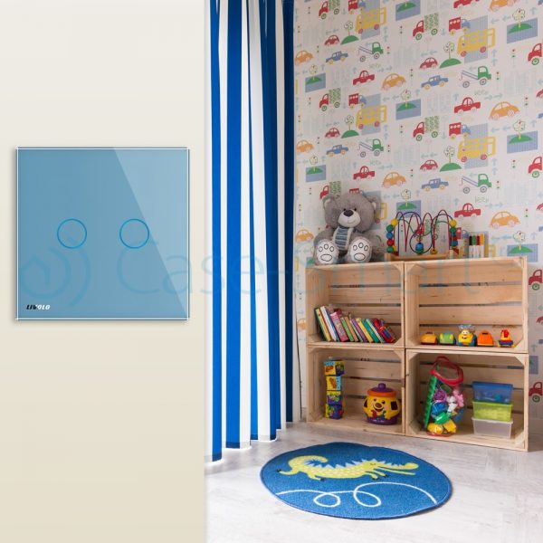 Intrerupator dublu cap scara / cap cruce cu touch Livolo din sticla albastru [1]
