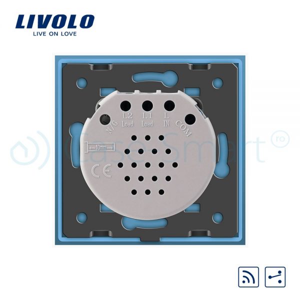 Intrerupator dublu cap scara / cap cruce wireless Livolo din sticla albastru [1]