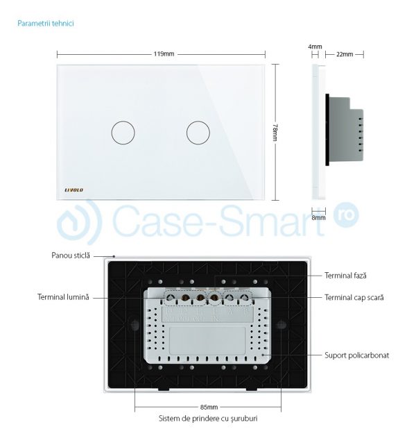 Intrerupator dublu cap scara/cruce cu touch Livolo din sticla – standard italian alb [1]