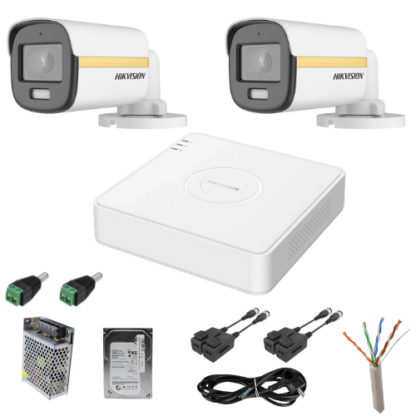 Sistem supraveghere Hikvision 2 camere analog 2MP ColorVu Microfon DVR 4 canale, accesorii [1]