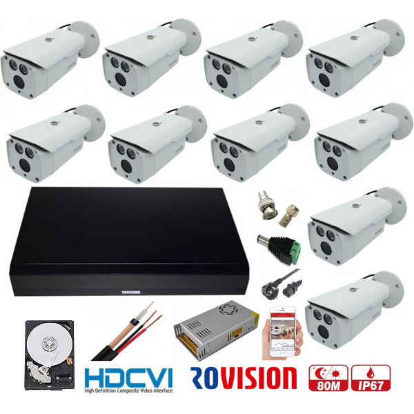 Kit  supraveghere  profesional 10 camere Full HD Rovision  2MP IR 80m , accesorii incluse, HDD 1TB, DVR 16 canale 5MP [1]