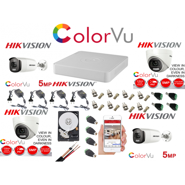 Kit supraveghere profesional mixt Hikvision Color Vu 4 camere 5MP IR40m si IR20m , full accesorii si HDD 1TB