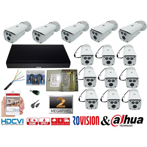 Kit supraveghere video profesional 14 camere Rovision 2MP IR 80m , accesorii incluse, DVR 16 canale 5MP