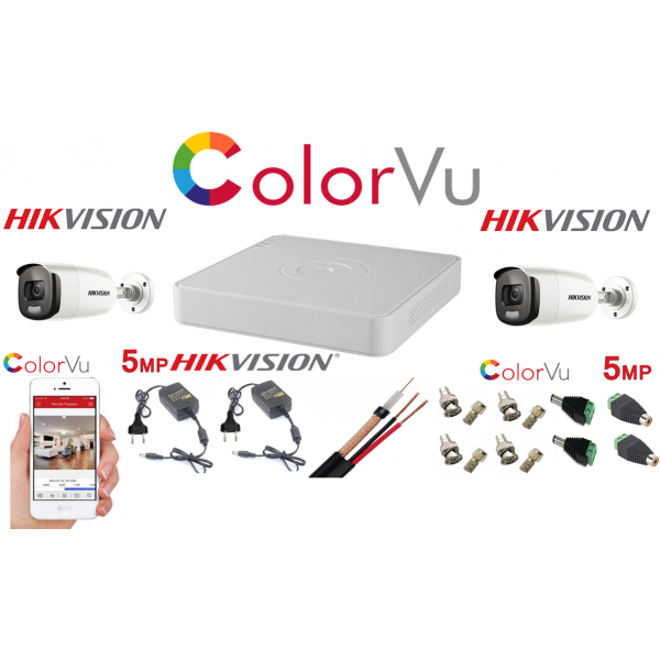 Sistem supraveghere profesional  Hikvision Color Vu 2 camere 5MP IR40m, DVR 4 canale, full accesorii [1]