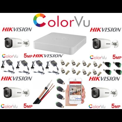 Sistem supraveghere profesional Hikvision Color Vu 4 camere 5MP IR40m, IP67 DVR 4 canale 8 MP Accesorii incluse [1]