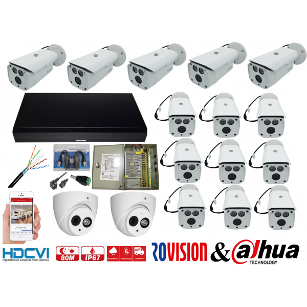 Kit supraveghere video mixt 16 camere Rovision 2MP IR 80m si IR50m (2 interior) ,accesorii incluse, DVR 16 canale 5MP