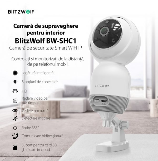 Camera de supraveghere inteligenta BlitzWolf BW-SHC1,1080p, Smart, Wi-Fi, Monitorizare de pe telefon