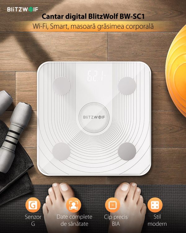 Cantar digital inteligent BlitzWolf BW-SC1, Smart, Control prin aplicatie, Masurare BMI, masa osoasa, grasime viscerala [1]