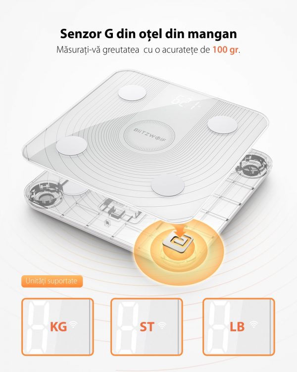 Cantar digital inteligent BlitzWolf BW-SC1, Smart, Control prin aplicatie, Masurare BMI, masa osoasa, grasime viscerala [1]