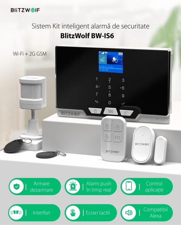Kit sistem alarma de securitate inteligent BlitzWolf BW-IS6, Wireless, Control aplicatie, Alarme push, Ecran tactil [1]