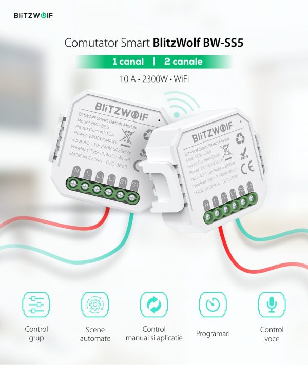 Comutator smart BlitzWolf BW-SS5, 1 Canal, Wi-Fi, Distanta operare 100 m, 2300 W [1]