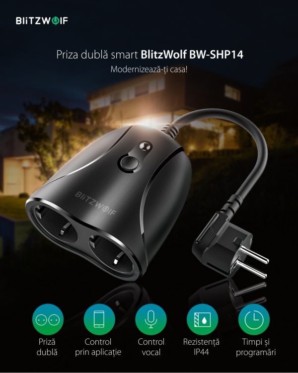 Priza dubla BlitzWolf BW-SHP14, Wi-Fi, Control aplicatie, Rezistenta IP44 [1]