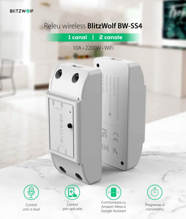 Releu wireless 2 canale, BlitzWolf BW-SS4, Smart, Control aplicatie, 2200W [1]