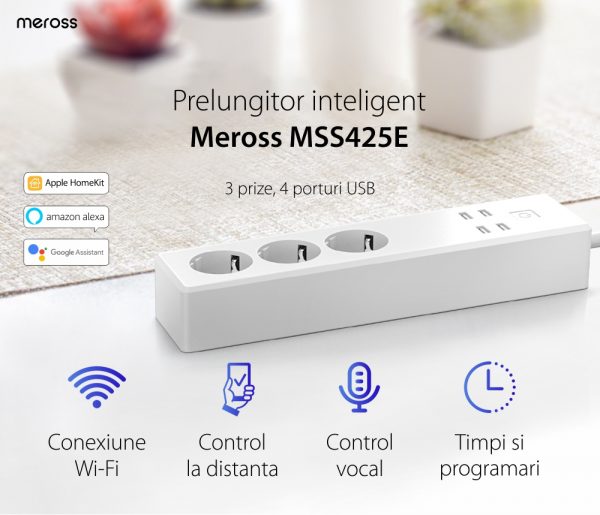 Prelungitor inteligent Meross MSS425E, Protectie supraincarcare, 3 Prize, 4 Porturi USB, Lungime cablu 1.8 m [1]