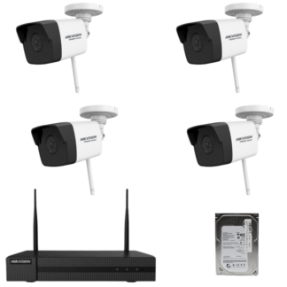 Kit supraveghere wireless - Kit de supraveghere 4 camere Hikvision HiWatch wireless 2MP, 30m IR, lentila 2.8mm, NVR 4 canale HDD inclus