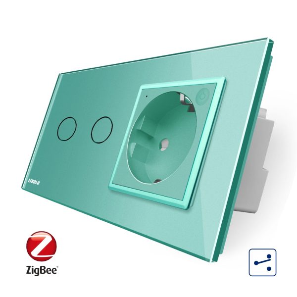 Intrerupator dublu cap scara / cap cruce, ZigBee + priza simpla Livolo ZigBee, rama din sticla, Control de pe telefon [1]