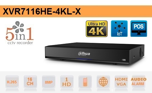 DVR Dahua XVR7116HE-4KL-X, XVR 16 canale 4K/4MP non-realtime, 2MP realtime H.265+, Penta-brid HDCVI/AHD/TVI/CVBS/IP, 16+16 IP 8MP (Max 128Mbps), 1xSATA 10TB, Audio 16 in/1 out, Alarm 16 in/3 out, 1 RJ45(1000M), IoT si POS 2.0, Smart Search si IVS [1]